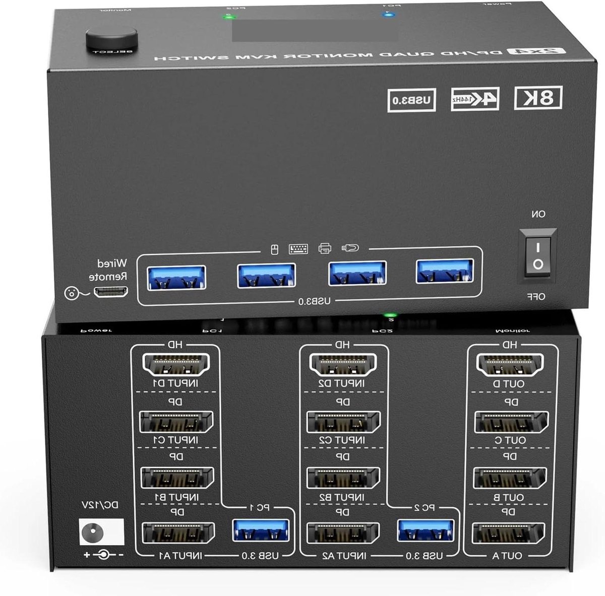 KVM Switch - Computer Switch - Meerdere Monitors - 8K DP 4K 144Hz - 4 Poorten - Zwart