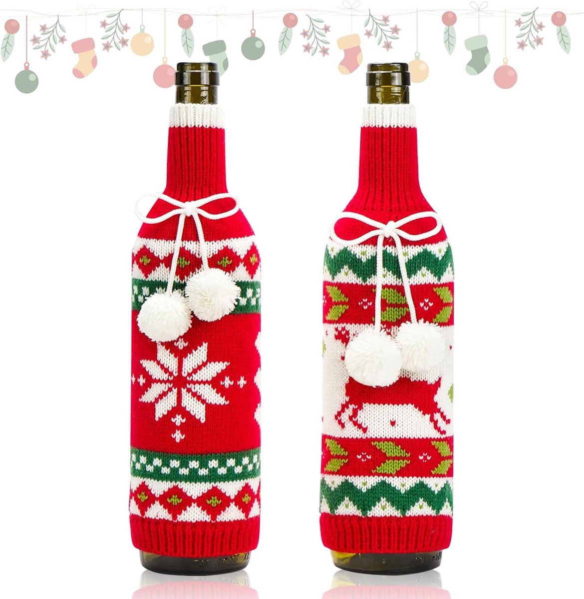 2 x Herbruikbare Wijnfleszakken voor Kerstmis, Duurzame Cadeauzakjes met Kerstdesign en Wijnaccessoires