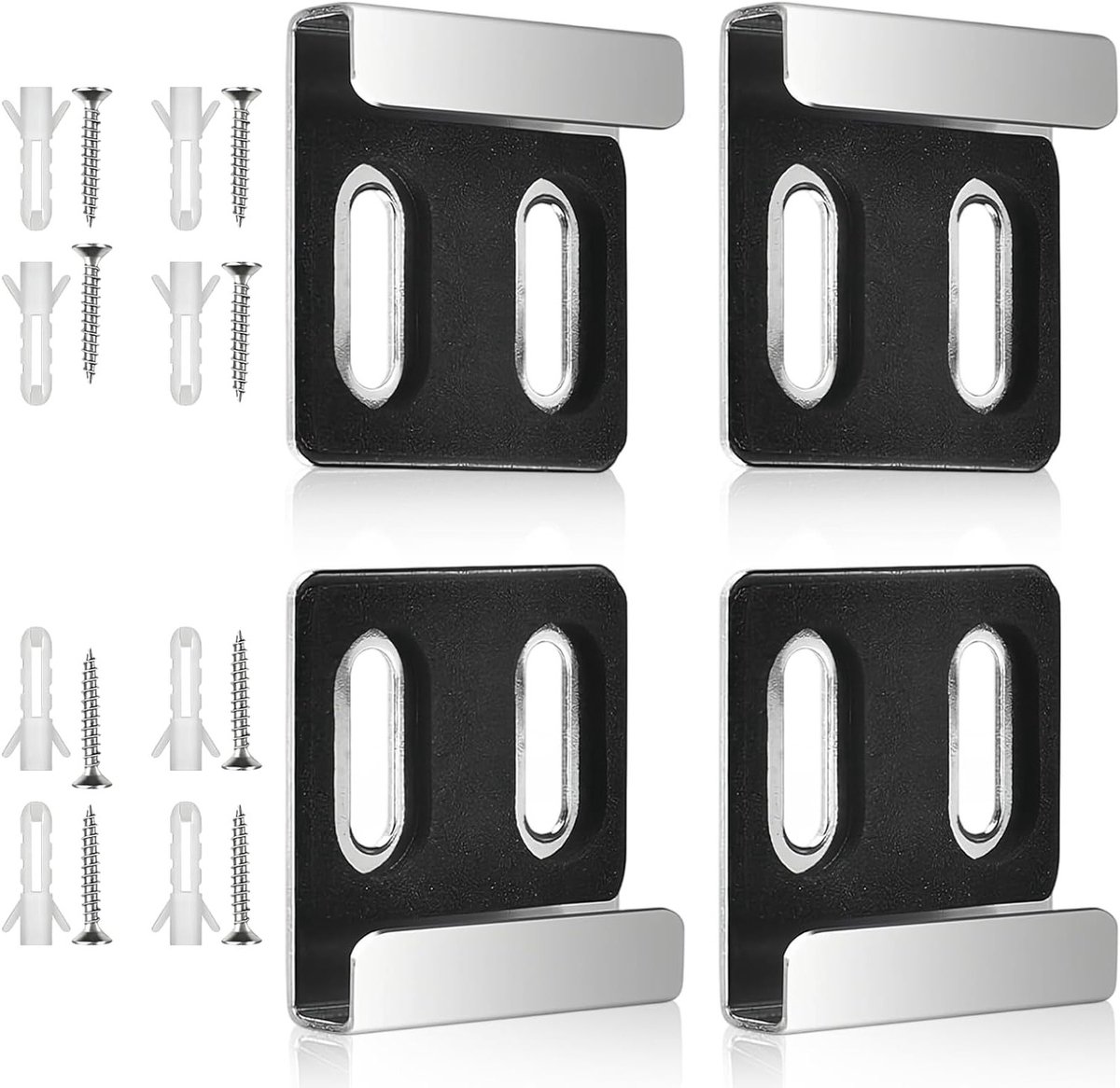 Set van 4 muurspiegelhouders met dubbele gaten, geschikt voor spiegels van 4-6 mm, inclusief schroeven en pluggen