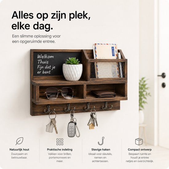 Donkerbruin houten wandrek met memobord, brievenhouder, legplanken en sleutelhaakjes met sleutels.