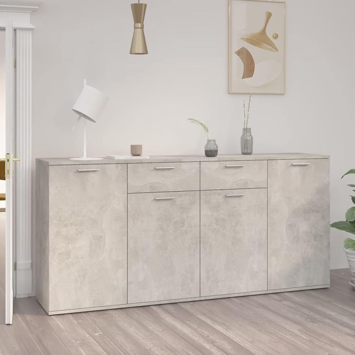 UrbanStone Dressoir met Schuifdeur en Lades 160x36x75 cm – Betongrijs Opbergkast met Grote Opbergruimte voor Woonkamer & Eetkamer