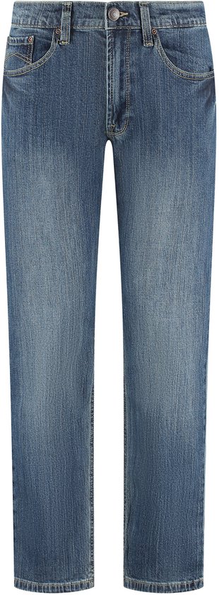 Vooraanzicht van een donkerblauwe regular fit jeans met vijf zakken en stiksels.