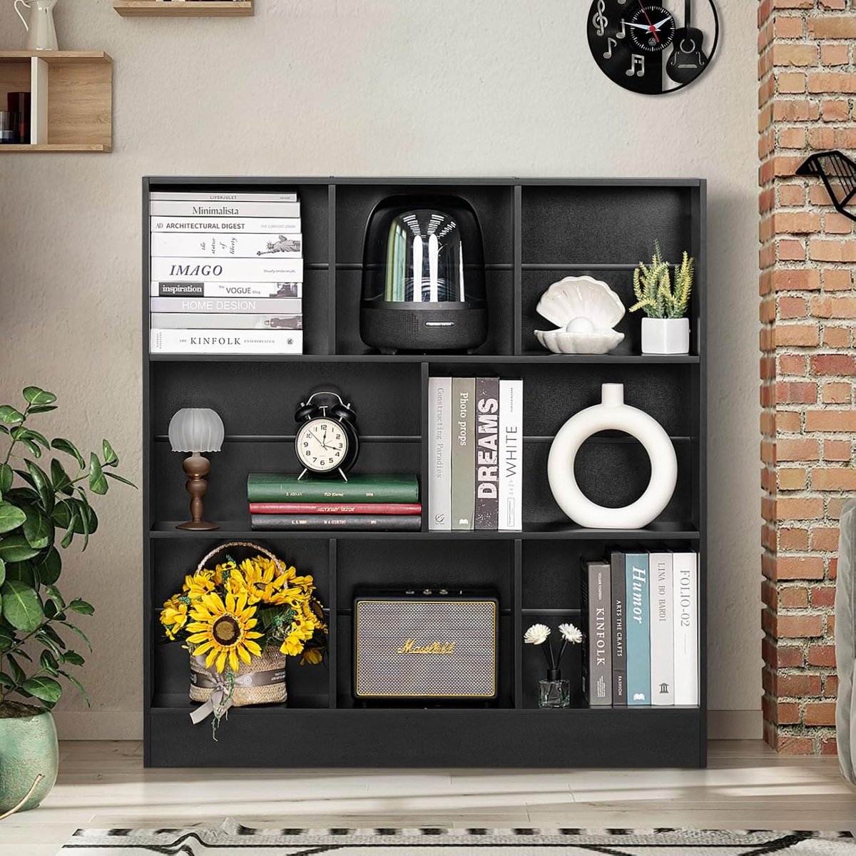 NoirCube Luxe Horizontale Boekenkast met 8 Open Vakken – Moderne Lage Vakkenkast / Displaykast van Hout voor Woonkamer, Kantoor en Slaapkamer – 100,1 x 23,9 x 103,9 cm – Zwart
