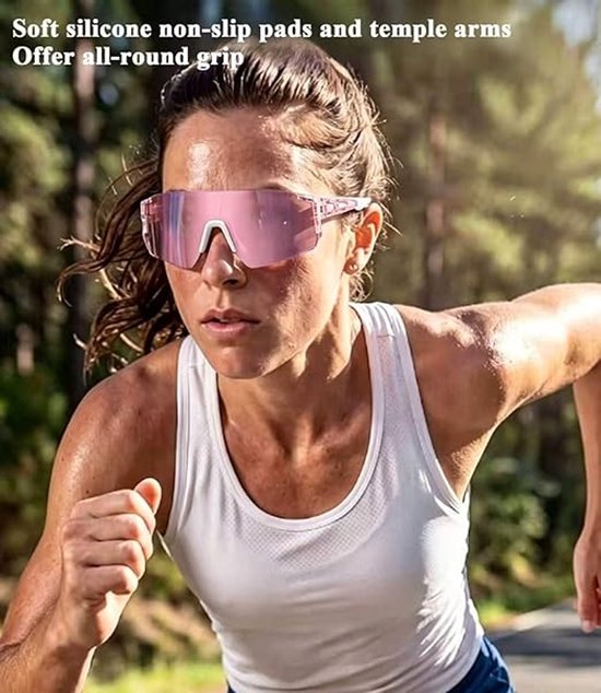 Unisex sportzonnebril met reflecterende glazen, geschikt voor sporten zoals fietsen, hardlopen, honkbal en golf. Lichtgewicht beschermende glazen met UV400-bescherming - roze. — afbeelding 2