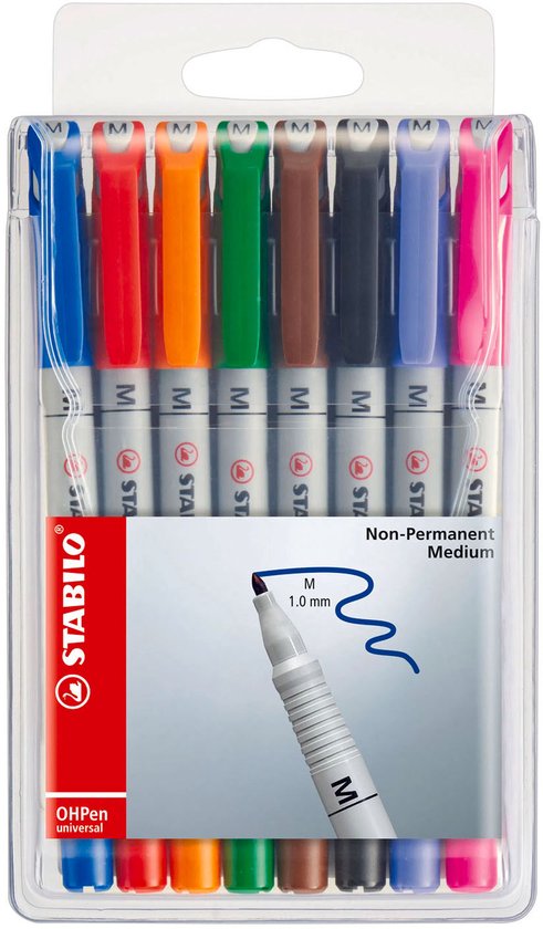 Set van 8 STABILO OHpenn niet-permanente stiften met een punt van 1,0 mm in blauw, rood, oranje, groen, bruin, zwart, paars en roze in een doorzichtige verpakking.