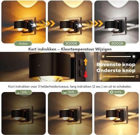 Verte Stekkerspot Dimbaar - Nachtlampje met Schemersensor - Instelbare Kleurtemperatuur - Dimbare Helderheid - 180° Draaibare Stekker - Lamp voor Trappen - Slaapkamers - Zwart van Verte — afbeelding 3