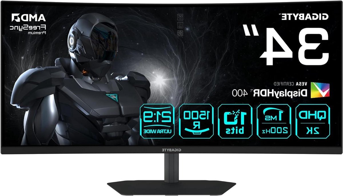 GIGABYTE G34WQC2 Curved Gaming Monitor 34 inch WQHD - 3440 x 1440, 1500R, 200Hz, 1ms, 450 CD/m², AMD FreeSync Premium, DisplayHDR 400, HDMI 2.0, Displayport 1.4