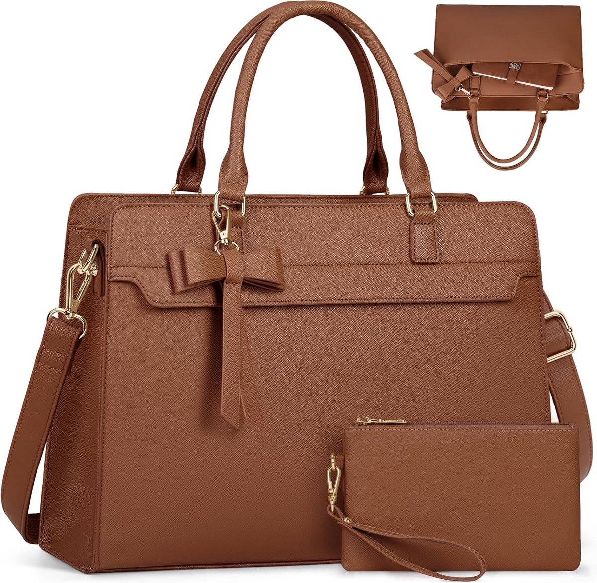 Leren Laptoptas voor Dames 15.6 Inch, Waterbestendige Handtas met Losse Clutch