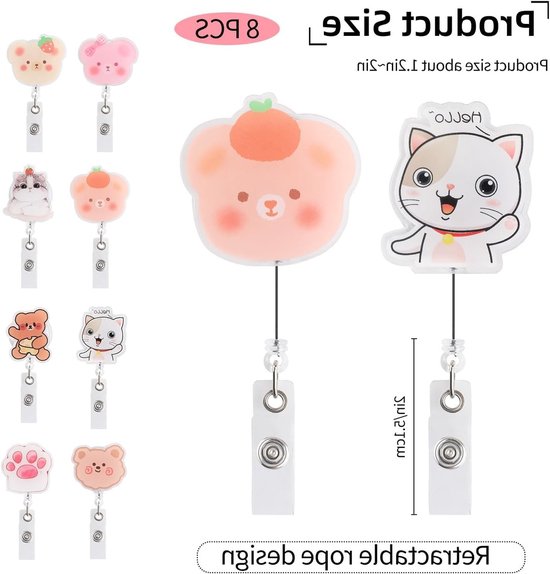 8PCS Schattige Cartoon Badge Reel Retractable ID Houder met Clip voor Medisch Personeel, Onderwijzers en Studenten - Leuke Dieren Ontwerpen voor Kantoor en Ziekenhuis — afbeelding 5