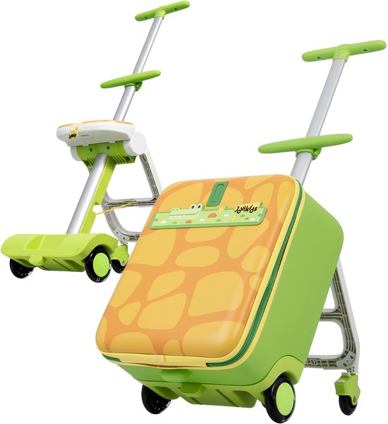 Groene kinder koffer met oranje vlekken en een krokodil detail, met een uitklapbaar zitje/stuur.