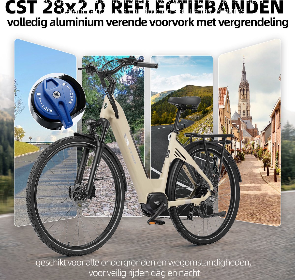 Elektrische Stadsfiets TTGO C7 SE - 28 INCH Banden - 250W Bafang Middenmotor - 36V18Ah Accu - Bereik tot 140km - Shimano 9 Versnellingen - Beige thumbnail 3