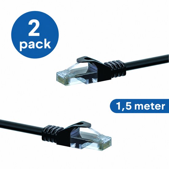 Câbles patch CAT6 UTP noirs, 1,5 mètre de long, 2 pièces dans l'emballage.