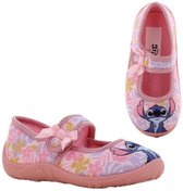 Roze pantoffels met bloemenprint, Stitch opdruk en strikjes. Met opgestikte Stitch op de neus.