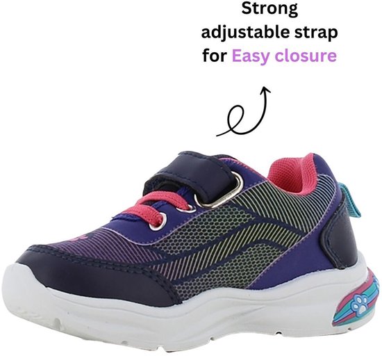 Paarse kindersneaker met roze accenten, verstelbare klittenbandsluiting.