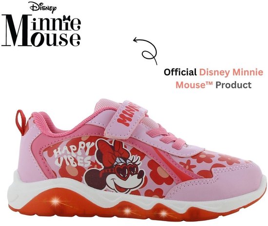 Roze sneaker met Minnie Mouse print, bloemenpatroon en lichtgevende zool.