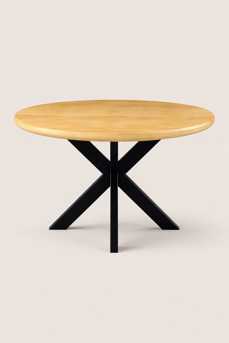 Ronde Eettafel 150 cm Mangohout – Zwart Metalen Matrix Onderstel – Landelijk – 6-7 Personen