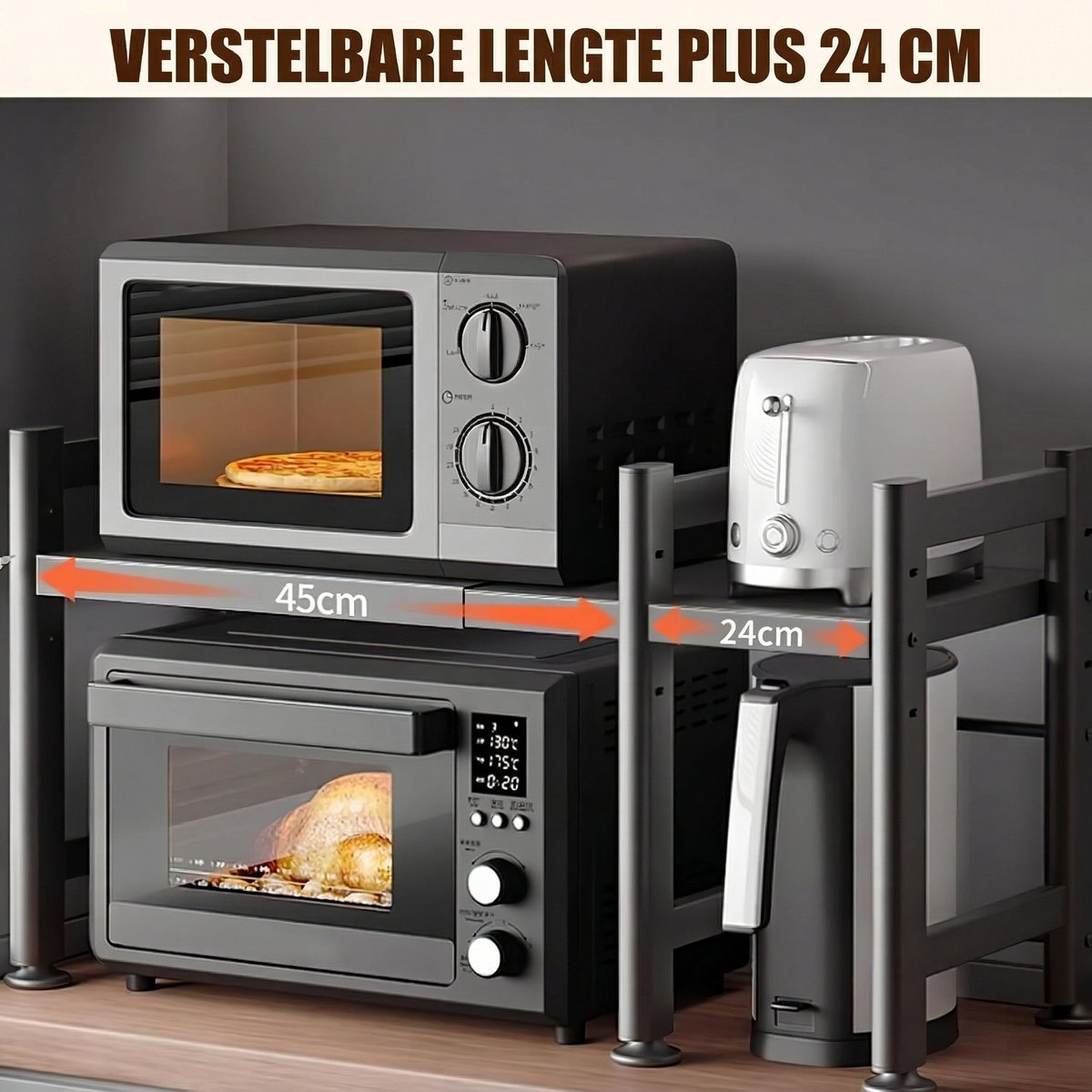 Uitschuifbaar Magnetron Rek – Koolstofstaal Keuken Organizer – Enkele Laag Opbergrek – Zwart — afbeelding 3