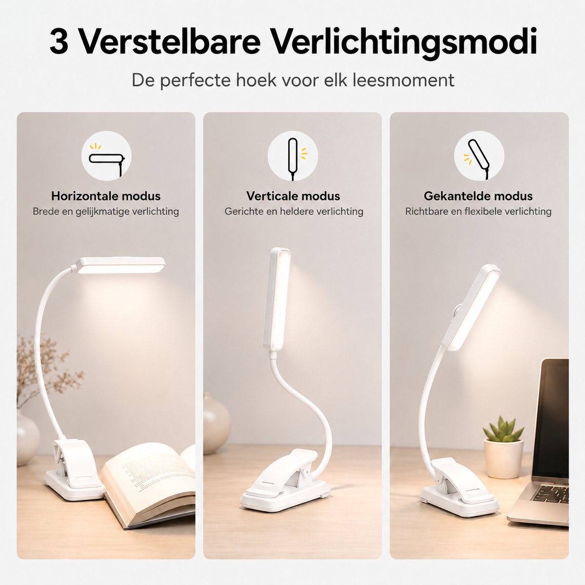 Sounix LED Leeslampje voor Boek met Klem - 315° draaibaar Leeslamp - 24 LED - Boeklampje met 3 Lichtstanden - Oplaadbare boeklamp USB - Dimbaar - Wit — cadeau in Gadgets - foto 5
