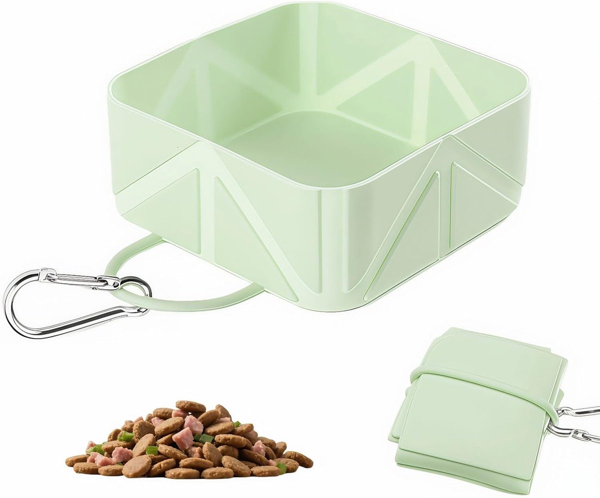 Ulisem - Meeneembare honden- en kattenbak - Opvouwbaar siliconen reisvoerbak - Met karabijnhaak - 500 ml - BPA-vrij - Lichtgewicht - Voor wandelen en kamperen - Mintgroen
