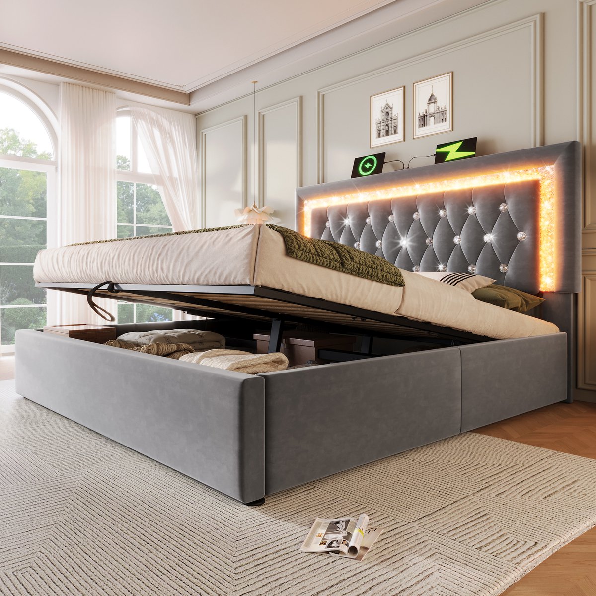 Wishdor Gestoffeerd Bedframe 140x200 cm – LED in Hoofdbord met App – USB en Type-C – Hydraulische Opbergruimte – Fluweel – Grijs