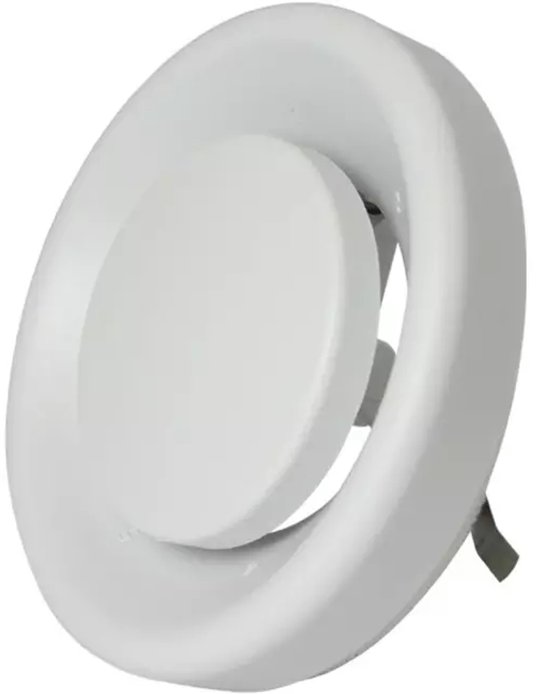 Witte ronde ventilator met een binnenste schijf en metalen klemmen.