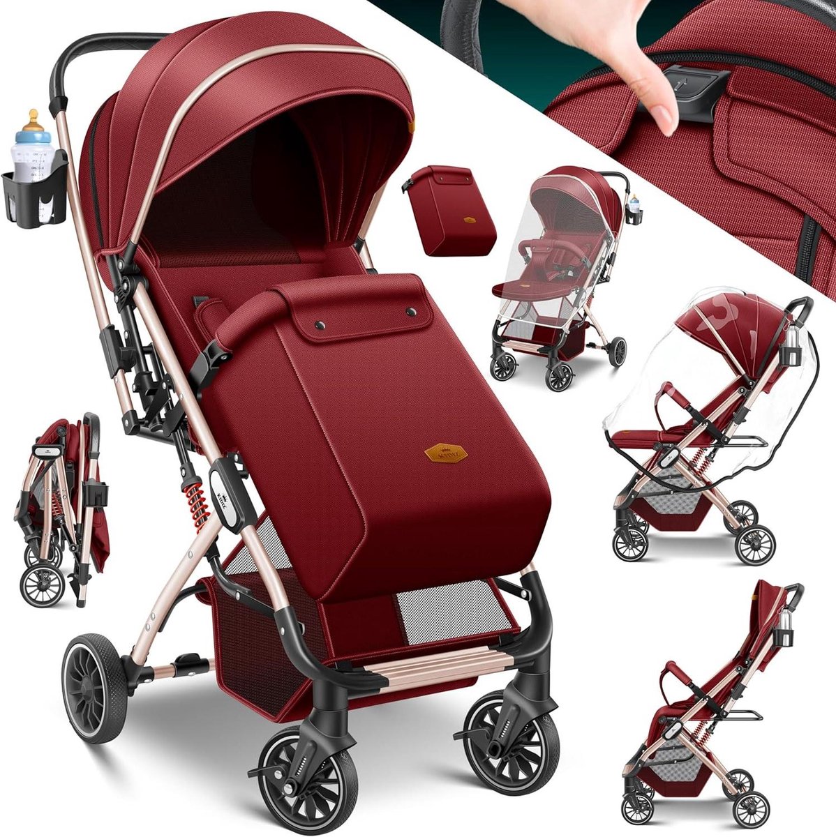 Kinderwagen buggy - Opvouwbare wandelwagen - Comfortabel reizen - Eenvoudig inklapbaar - 81 x 51.5 x 108 cm - Rood champagne