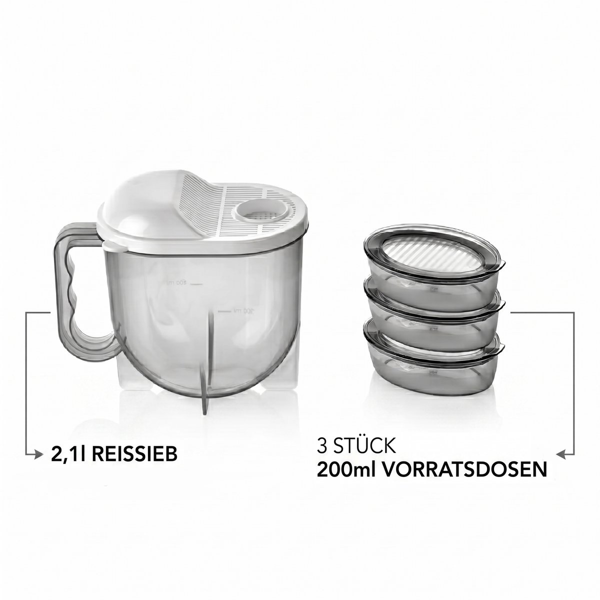 VIP Ahmet - Rijst- en Peulvruchtenzeef met Voorraaddozen - 4-delig - 1 x 2,1 L en 3 x 200 ml - BPA-vrij