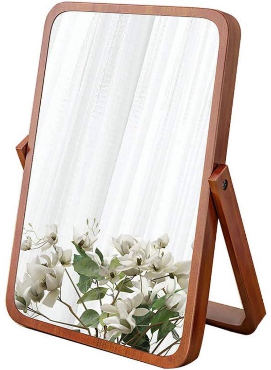 longziming -Denenhout Spiegel - Houten Wandspiegel - Tafel En Wand Spiegels - 360 Graden Draaibaar - HD Zwevende Weergave - Robuust Denenhout - Natuurlijke Textuur - Ruimtebesparend Design - 1 Stuk