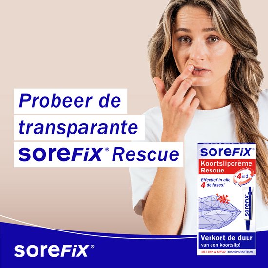 Vrouw met witte t-shirt die haar neus aanraakt, naast een doosje SoreFix Rescue. Tekst: 'Probeer de transparante SoreFix Rescue'.