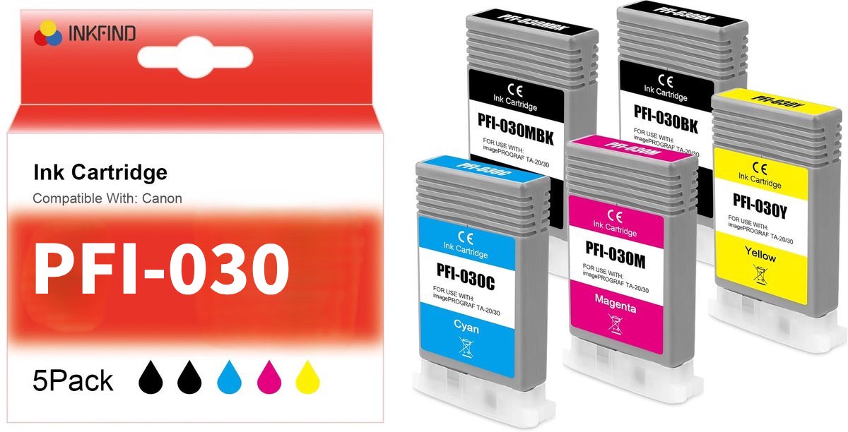 INKFIND PFI-030 Inktcartridge compatibel met Canon PFI-030 - 5-pack ( wart*2 en Kleur*3) geschikt voor Canon ImagePrograf TA-20 Canon ImagePrograf TA-30
