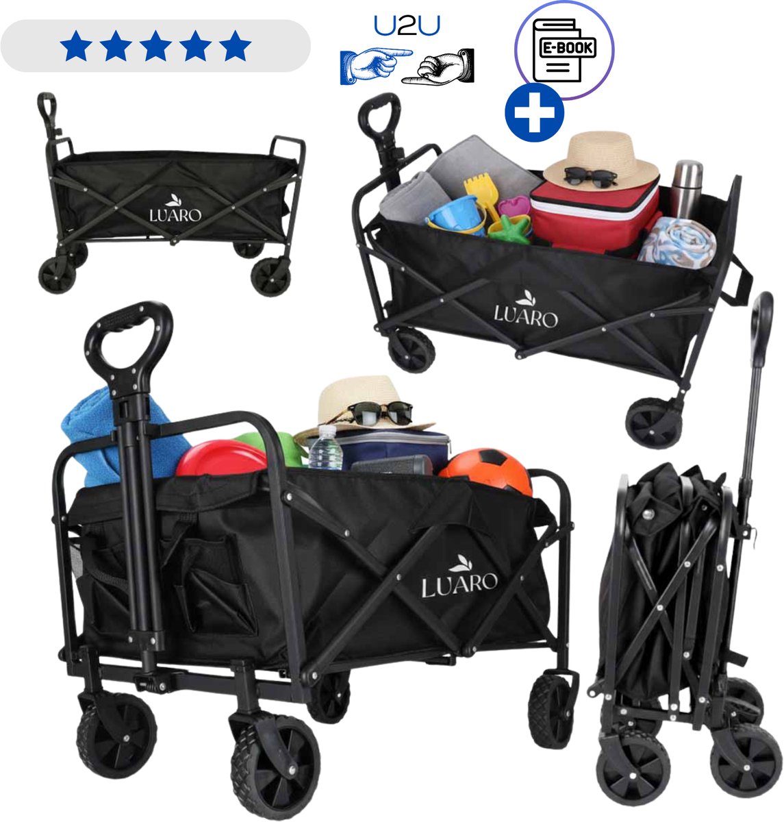 Opvouwbare Bolderkar 100L Zwart - Strandwagen Transportkar met Verstelbare Trekstang en 360° Wielen - Campingkar Tuinkar Boodschappenwagen voor Strand Kamperen Picknick en Dagelijks Gebruik - Belastbaar tot 100 kg Met Ebook