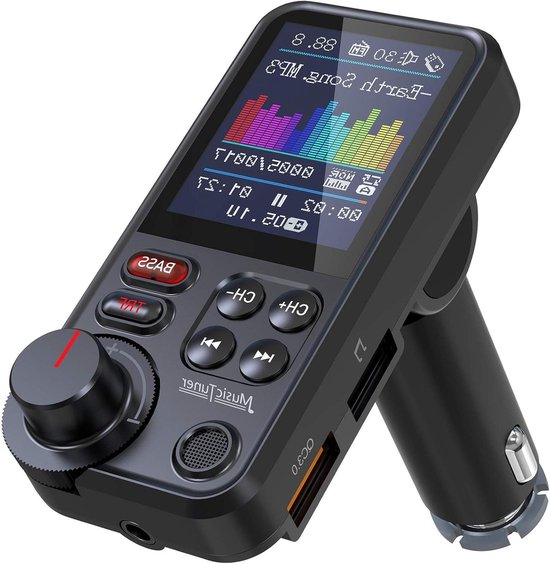 Bluetooth FM-zender - Auto Adapter - Muziek Streamen - Groot Kleurendisplay - QC3.0 Snelladen - Zwart