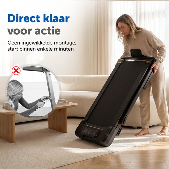 Vrouw die een zwarte, ingeklapte loopband vasthoudt. Inzet toont montage met schroeven.