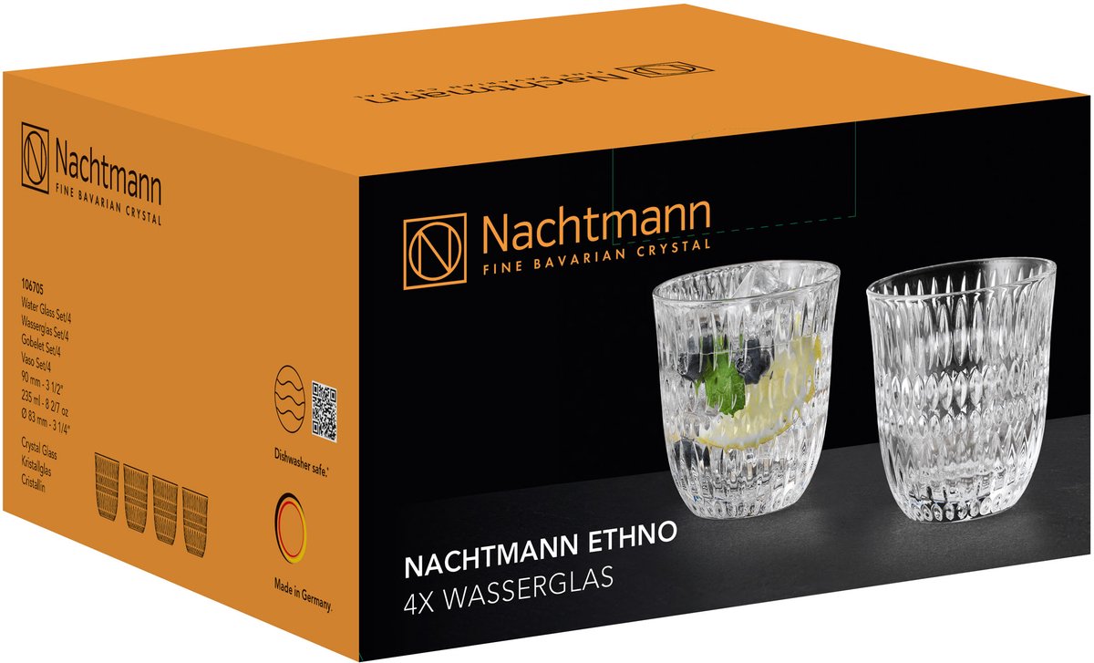 Nachtmann Ethno waterglas, set van 4, drinkglas, beker, kristalglas, 235 ml, 106705