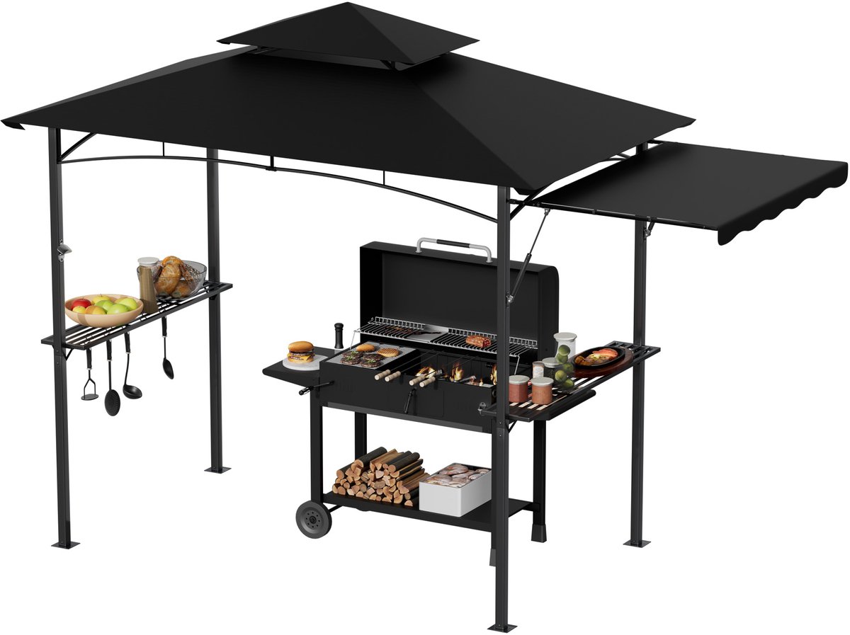 ACXIN BBQ Overkapping Grill Overkapping Tuinpaviljoen met Uittrekbare Zijluifel - Grill Shelter met Planken, Haken en Flessenopener - Dubbel Dak Ventilatie Rookafvoer - 245x141x253 cm - Zwart
