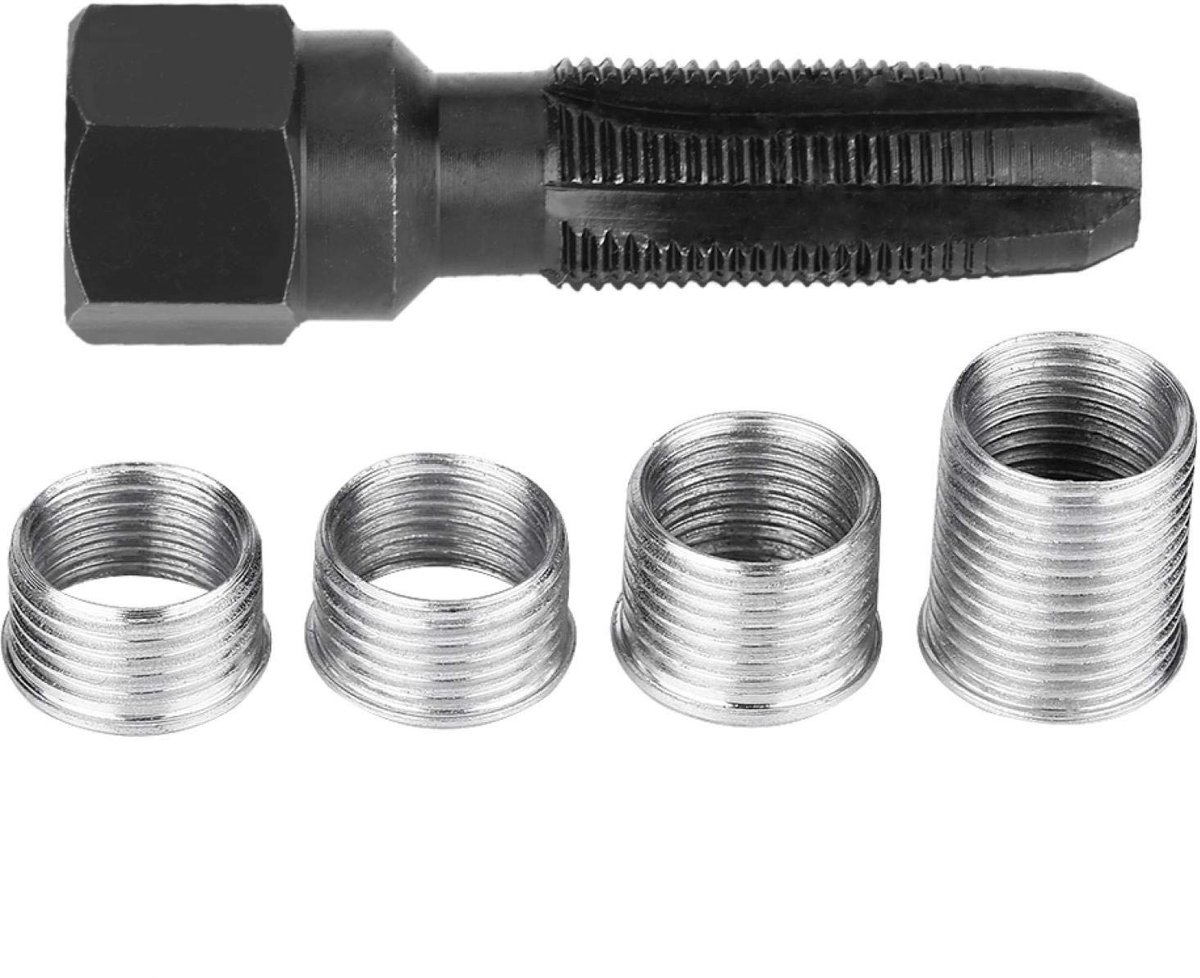 Reparatie van bougieschroefdraad + bougieschroefdraad, dop 5 stuks 14 mm gereedschap koolstofstaal cilinderruimer en inzetstuk F