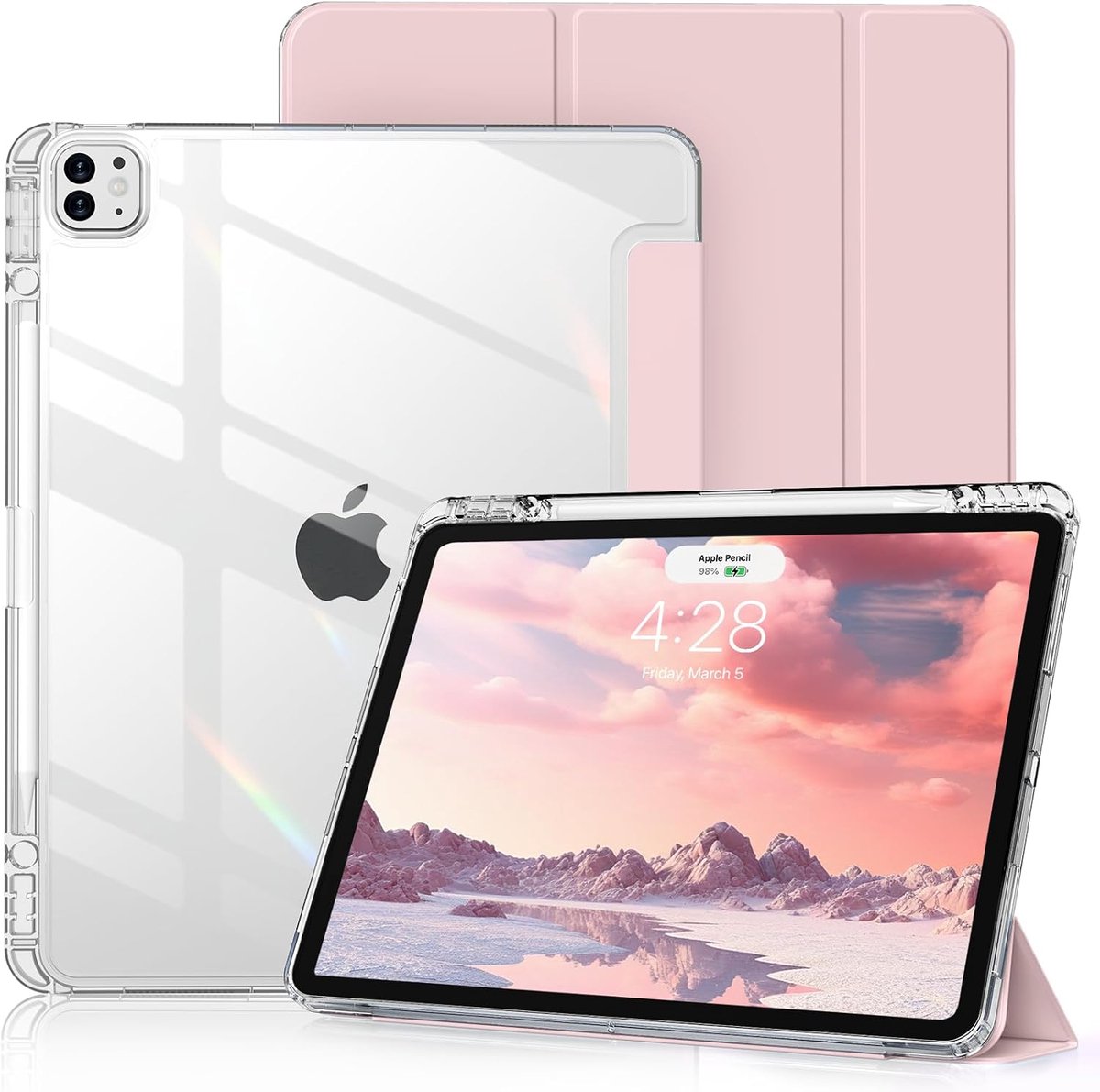 Tolvia Tablet Hoes Geschikt voor Apple iPad Pro 12.9 inch (2021/2022) - Transparante Achter Cover met Penhouder & Auto Sleep/Wake - Schokbestendige Tablet Hoes - Roze