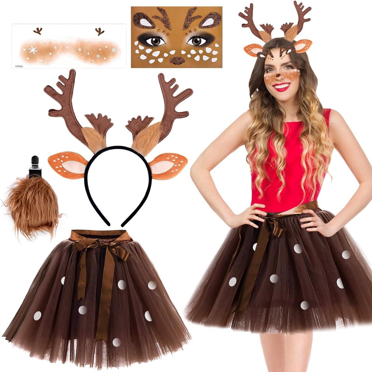 Vrouwelijk rendier kostuum met rendier hoofdband, staart, tule rok en tijdelijke tattoos voor Halloween en kerst cosplay - 5 delig set