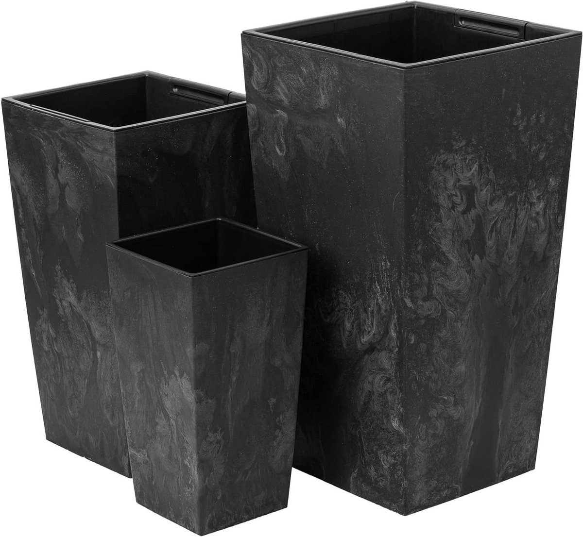 Bloembakken set - Plantenbakken vierkant - Planten decoreren - Betonstructuur kunststof - H 20/26/32 cm - Antraciet