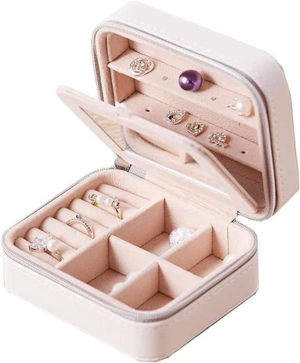 Sieradendoos - Juwelendoosje organizer - Draagbare opslag - Met spiegel - 11x9x5.5cm - Wit