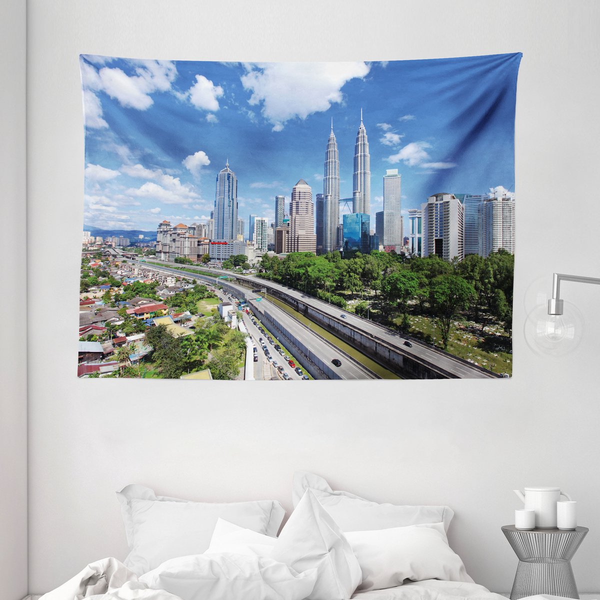ABAKUHAUS Stadswandtapijt en sprei, Kuala Lumpur op een heldere dag, 230 x 140 cm, lichtgrijsblauwgroen Lichtgrijs blauwgroen