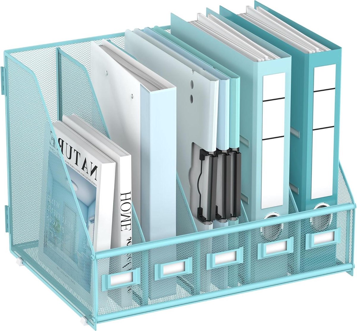 Bureau Organizer - Dossierhouder Tijdschriftenmap - Bureau Opruimen - Metalen Gaas - 5 Compartimenten - Lichtblauw