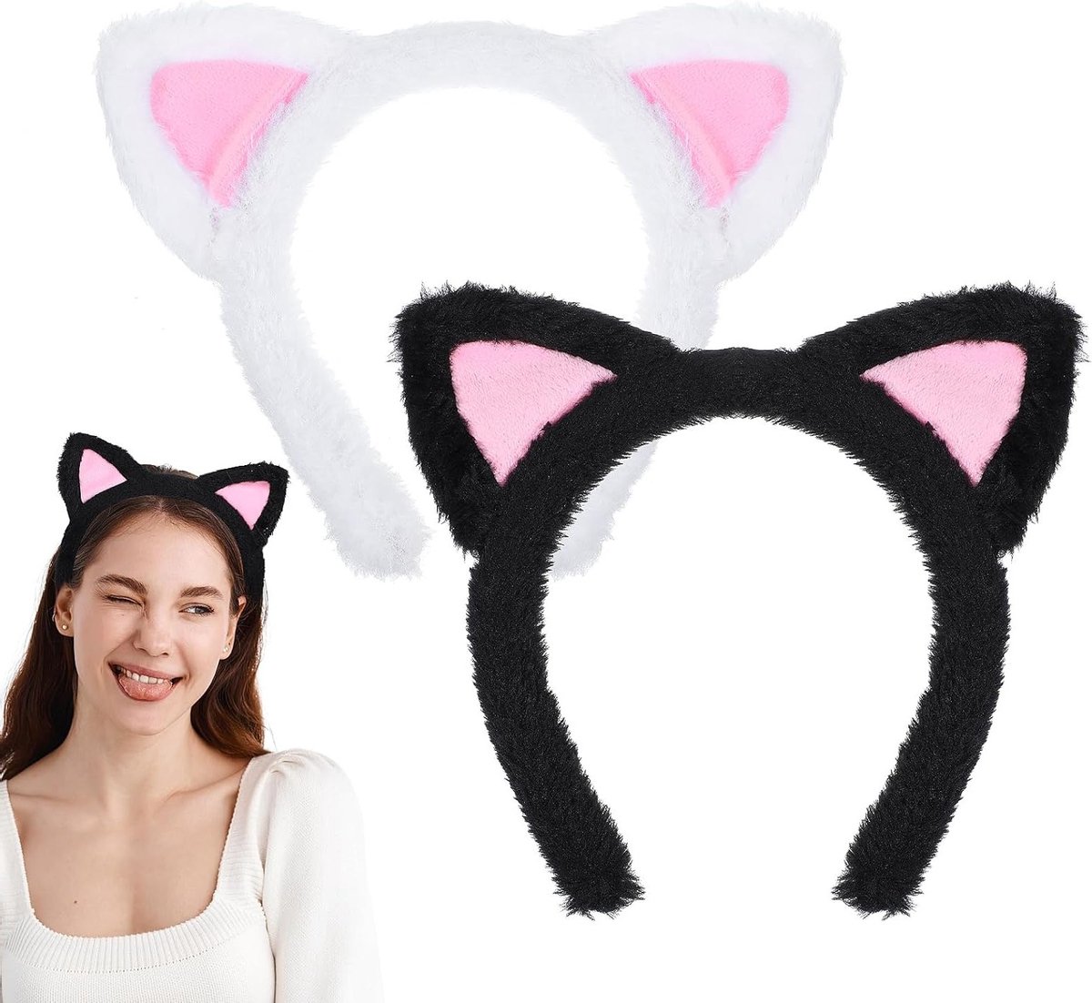 Schattige zachte kattenoren haarbanden voor Halloween, fluffy kostuumaccessoire voor feest en cosplay, 2 stuks zwart
