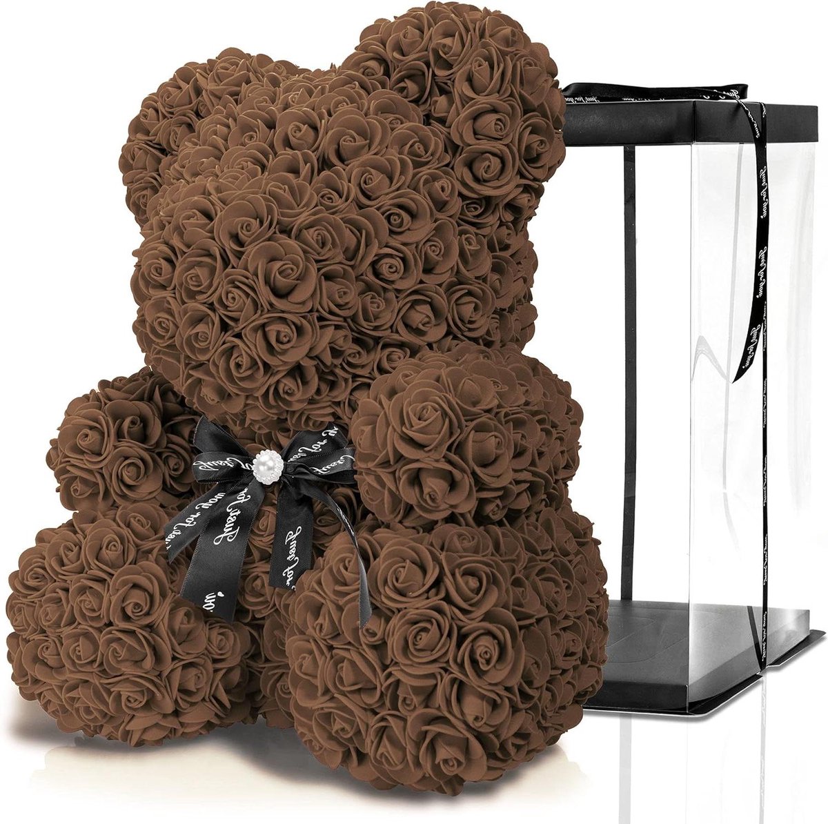 Bloemenbeer met doos - Rozenbeer cadeau - Cadeau geven - Handgemaakt met rozen - 40 cm - Bruin met strik