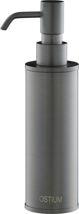 Donkergrijze, geborstelde zeepdispenser van Ostium met een pompje.