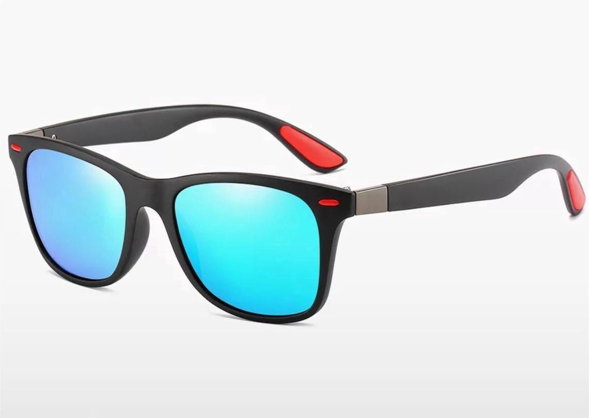 Okado Festival Zonnebril Unisex – Gepolariseerde Zonnebril met Blauw Spiegelende Glazen, Zwart Frame en Rode Accenten – UV400 Bril voor Festival, Zomer, Autorijden en Outdoor