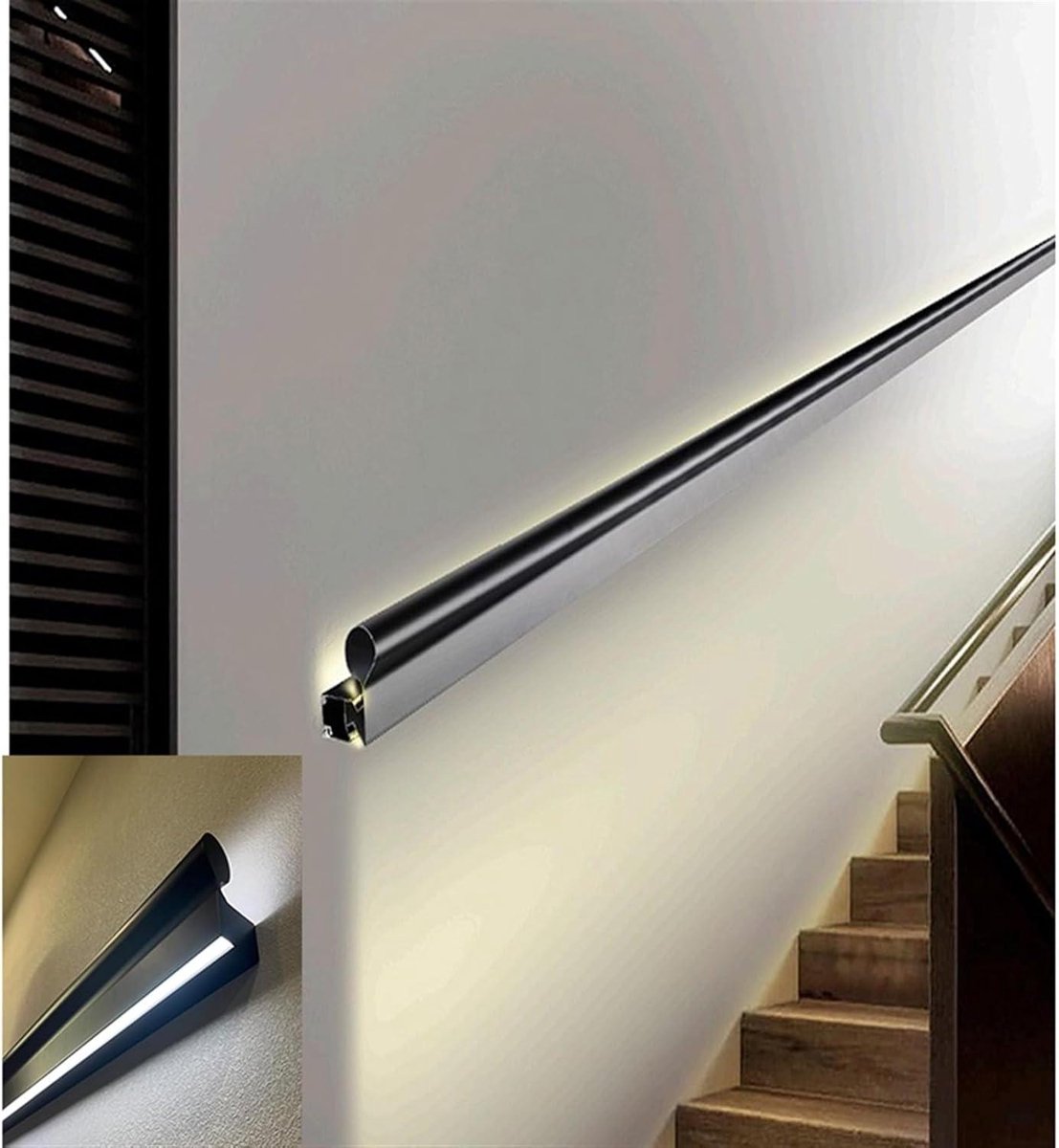 Trapleuning met LED - Wandmontage leuning - Veilig Traplopen - Ingebouwde bewegingssensor - Vanaf 50 cm - Mat zwart