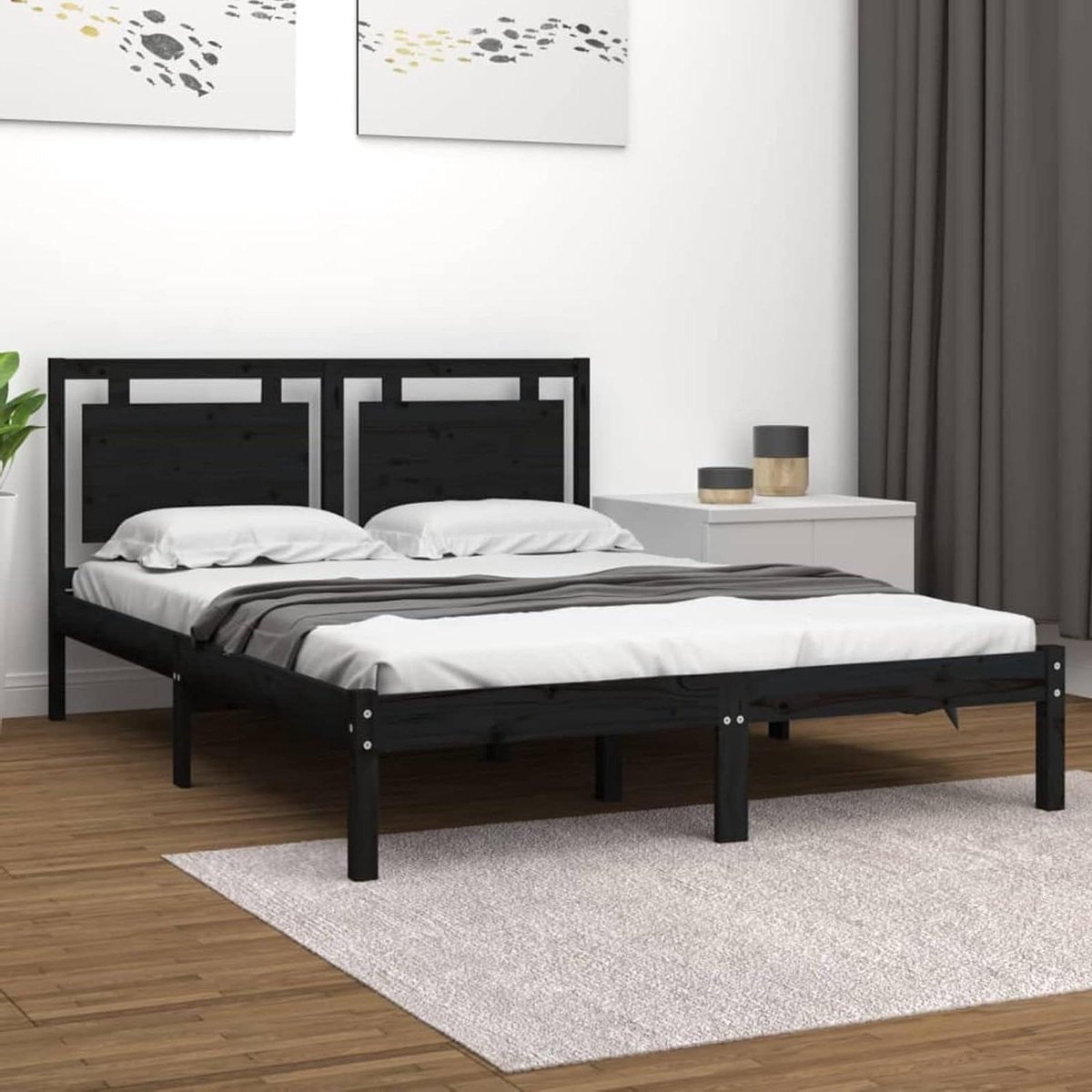 Houten Bedframe - Basisbed Hoofdeinde - Slaapkamer Inrichting - Massief Grenenhout - 200x200 cm - Zwart