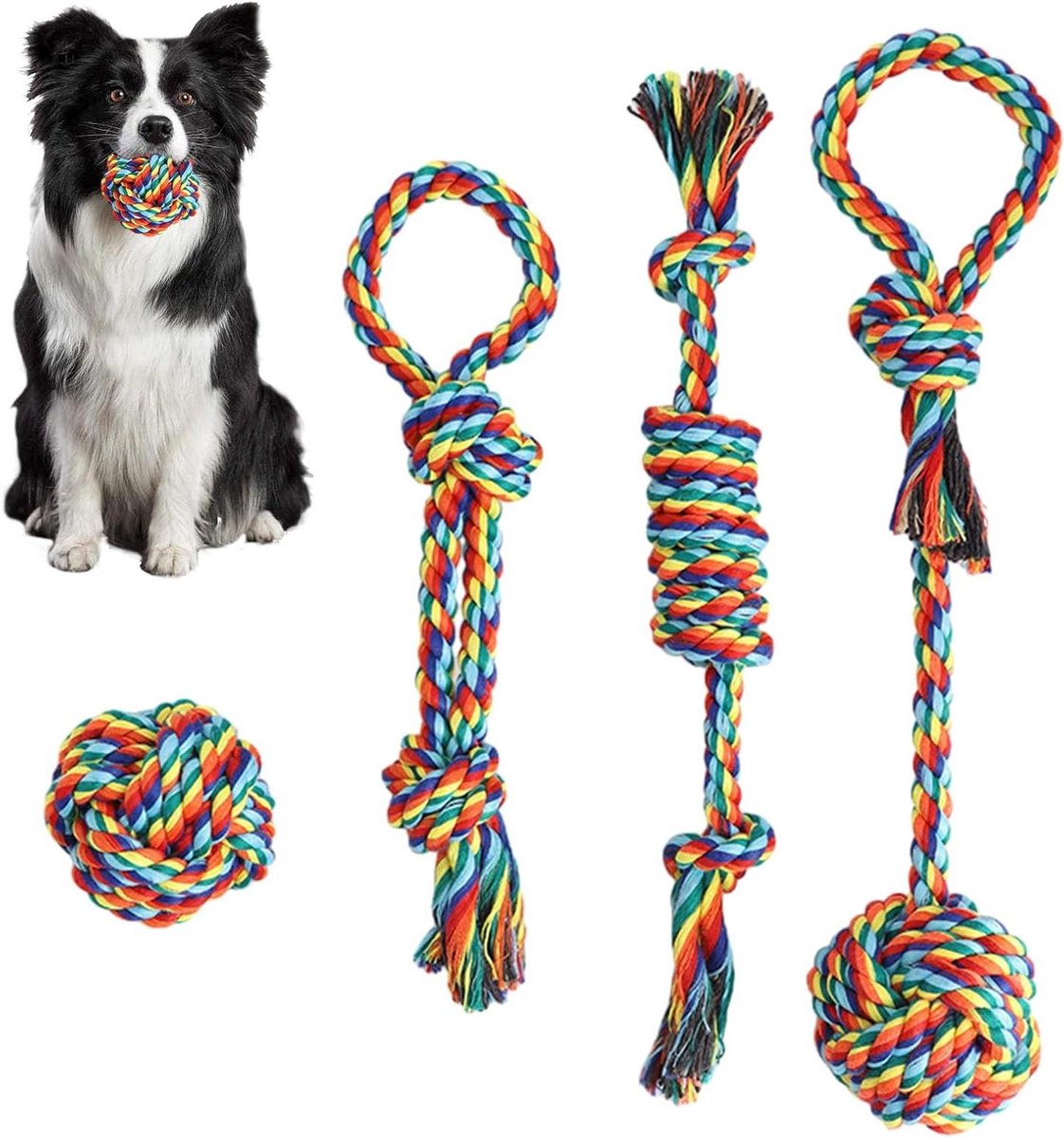 Hondenspeelgoed Touwen Set – Kauwspeelgoed Honden – Spelen en Trainen – Duurzaam Katoen Ontwerp – 4 Stuks – Regenboogkleuren