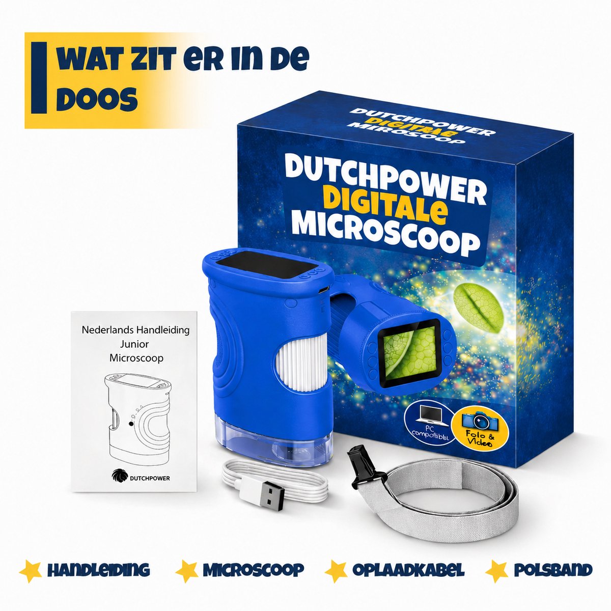 DUTCHPOWER Digitale Microscoop 1000x-4K-voor Kinderen – Draagbare Handmicroscoop met Foto & Video – STEM Educatief Speelgoed voor Ontdekken in Tuin en Natuur – Geschikt voor 4 t/m 12 jaar-Blauw — afbeelding 4